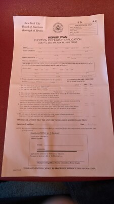 Republican Election Inspector Application (7/15/2002 - 7/14/2003) Bronx, NYC
