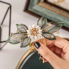 Flower Bride Wedding Hair Comb Gold Leaf Bridal Side Comb Hair Piece Party Pr...