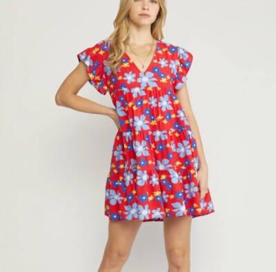 entro blue floral dress Entro Slate Blue Botanical Midi Shirt Dress with Tie Waist (Plus Sizes) XL