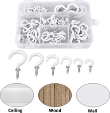 White Ceiling Screw Hooks In/Outdoor Hanging Hangers Garage Home 6 Sizes 90 Pcs