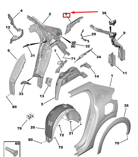 PEUGEOT 208 MK2 P21 Rear Left Wing Inner Frame 9823294280 New 