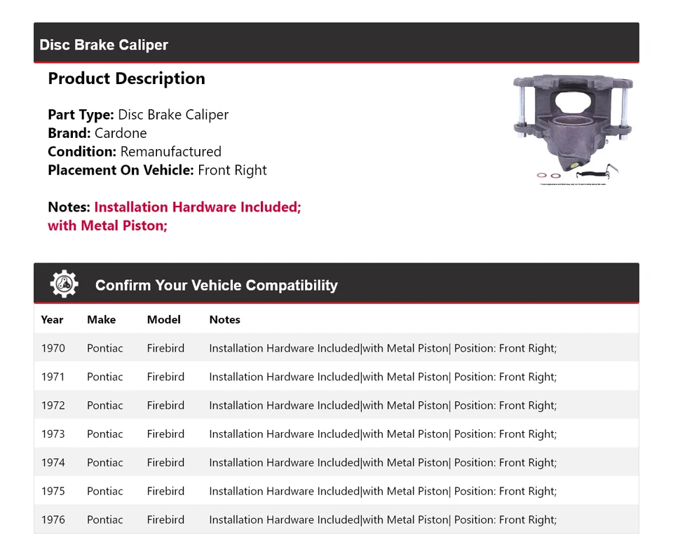 Pinza de freno de disco delantera derecha Cardone 1971 1972 Pontiac Firebird 1970-1976 Foto 2 de 4