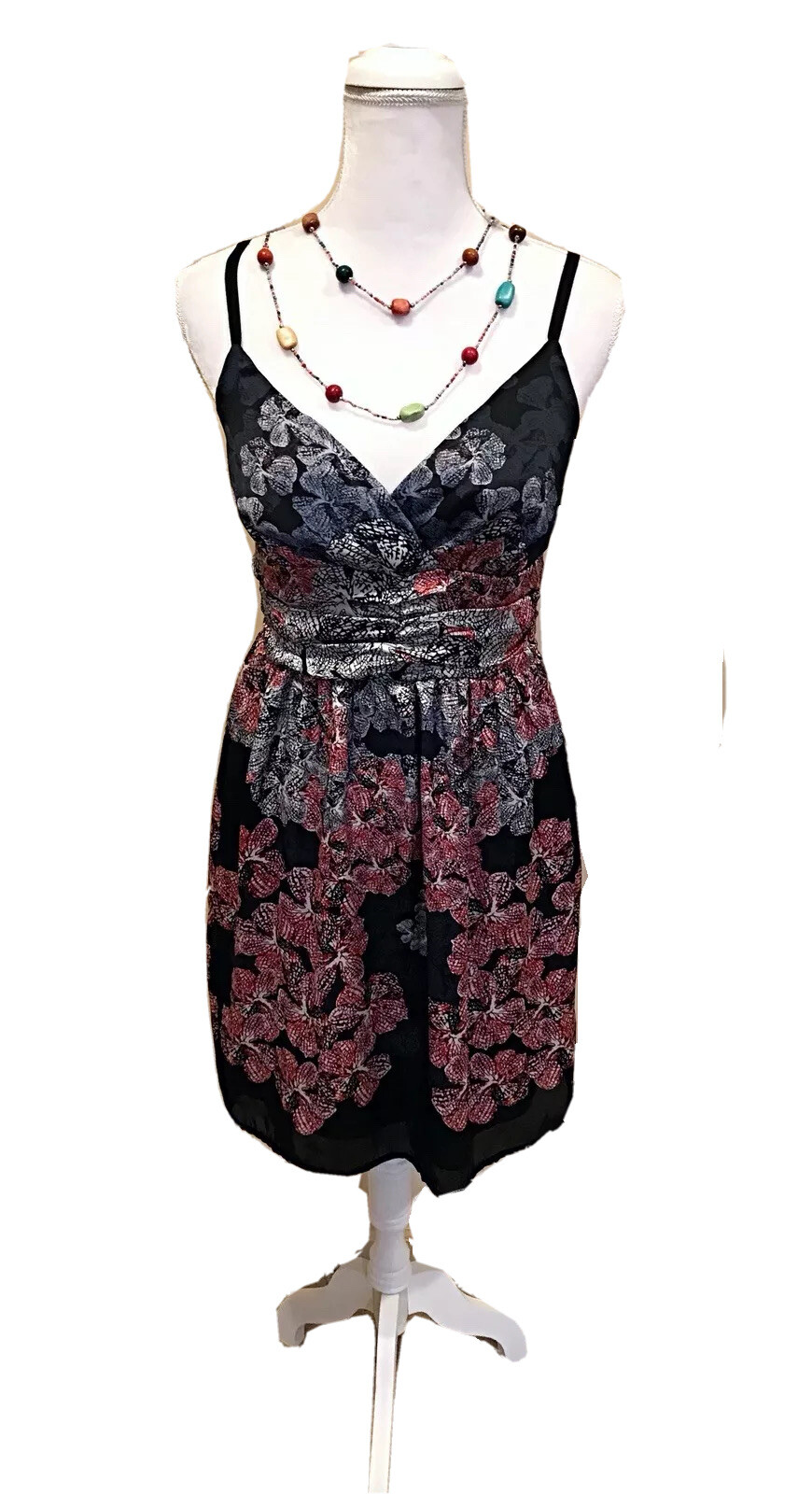 Imaginary Voyage Sexy Satin  Slip Dress Spaghetti Strap Black Floral Boho Sz L