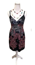 Imaginary Voyage Sexy Satin  Slip Dress Spaghetti Strap Black Floral Boho Sz L