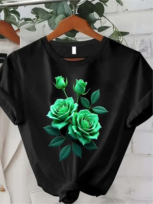 Trendy Green Rose Floral T-Shirt, 6 35oz,, Unisex, Suitable for Summer Casual We