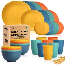 Wheat Straw Dinnerware Sets, 40PCS Kids Dinner Plates and Cereal Bowls Set, M...