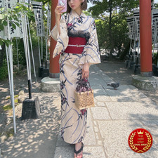 GRAIL Cotton Ivory Floral Yukata Obi Set Women Japanese Summer Kimono F/S