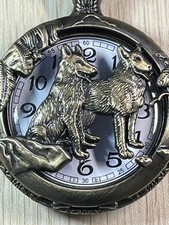 Wolf Pocket Watch Quartz Bronze Tone Open Face w/ Chain Raised Wolf Design W11