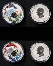 Lot of 2 Coins 2024 P Australia CHINESE MYTHS & LEGENDS, 1 oz. Silv. HONG & LAN