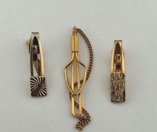 Vintage Gold Tone Tie Clip & Tie Chain x3 Retro Mid Century Mens Bundle