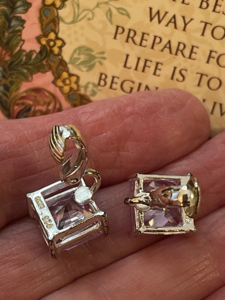 Pendientes de Amatista Facetada Marcados Plata de Ley 925 3/8" Cuadrados Clip-on Foto 3 de 4