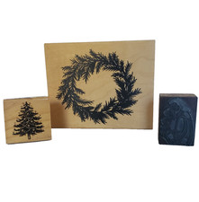 2 New Christmas Lg Wreath Tree Wood Rubber Stamps/ 1 Used Jesus The Children