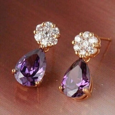 2Ct Lab Created Amethyst Pear Cut Drop Dangle Earrings 14K Yellow Gold Plated