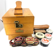 Griffin Wood Shoe Shine Kit Complete with Oak Wood Container, Brushes and Polish