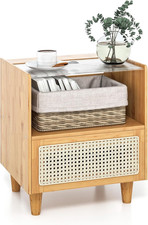 Boho Rattan Nightstand with Drawer, Glass Top & Solid Wood Legs, Natural Finish