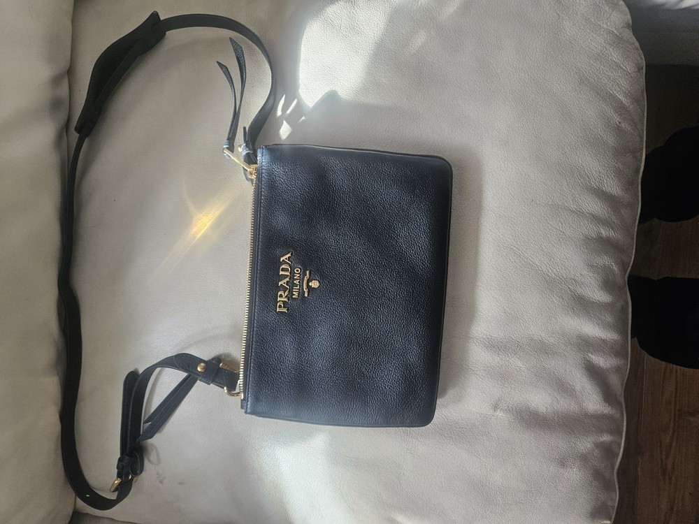 Prada Black Pebbled Leather Double Zip Crossbody Bag Vitello Phenix