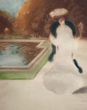 Elegant woman in the park, Color engraving after Abel Truchet, Art Nouveau
