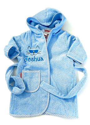 Kids Name and Cat Embroidered Bathrobe, Size 74-116, Pink or Blue