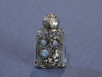 Perfume Bottle Unique Miniature Filigree Silverplate & jeweled jacket & cap
