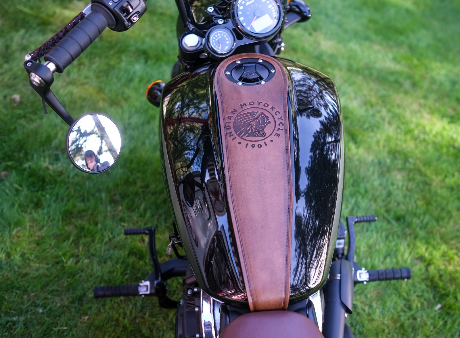 Custom Leather Indian Scout Bobber Motorcycle Gas Tank Bib Strap Dark