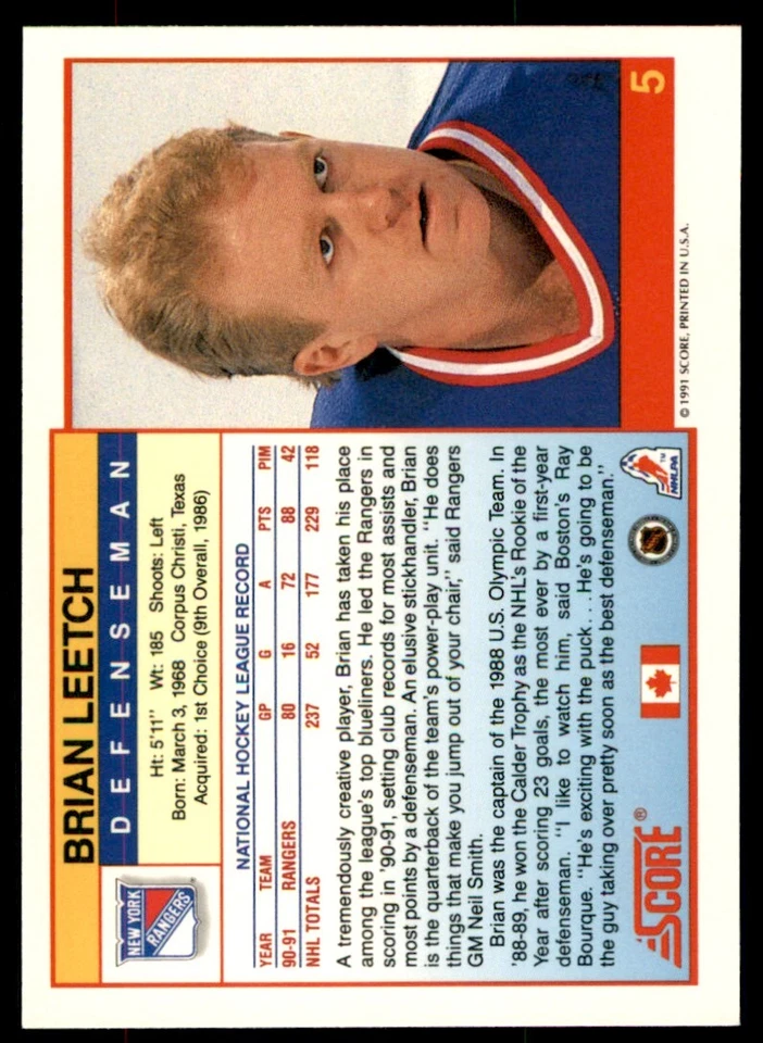 1991-92 Score Canadian Brian Leetch #5 - Image 2 of 2