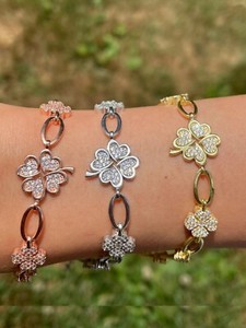 Authentic Real 925 Silver Yellow Rose Gold Plated Four Leaf Clover Icy Bracelet CZ