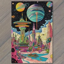 Art Print Futuristic Cityscape Neon Sci-Fi Alien World Space Scene Planets