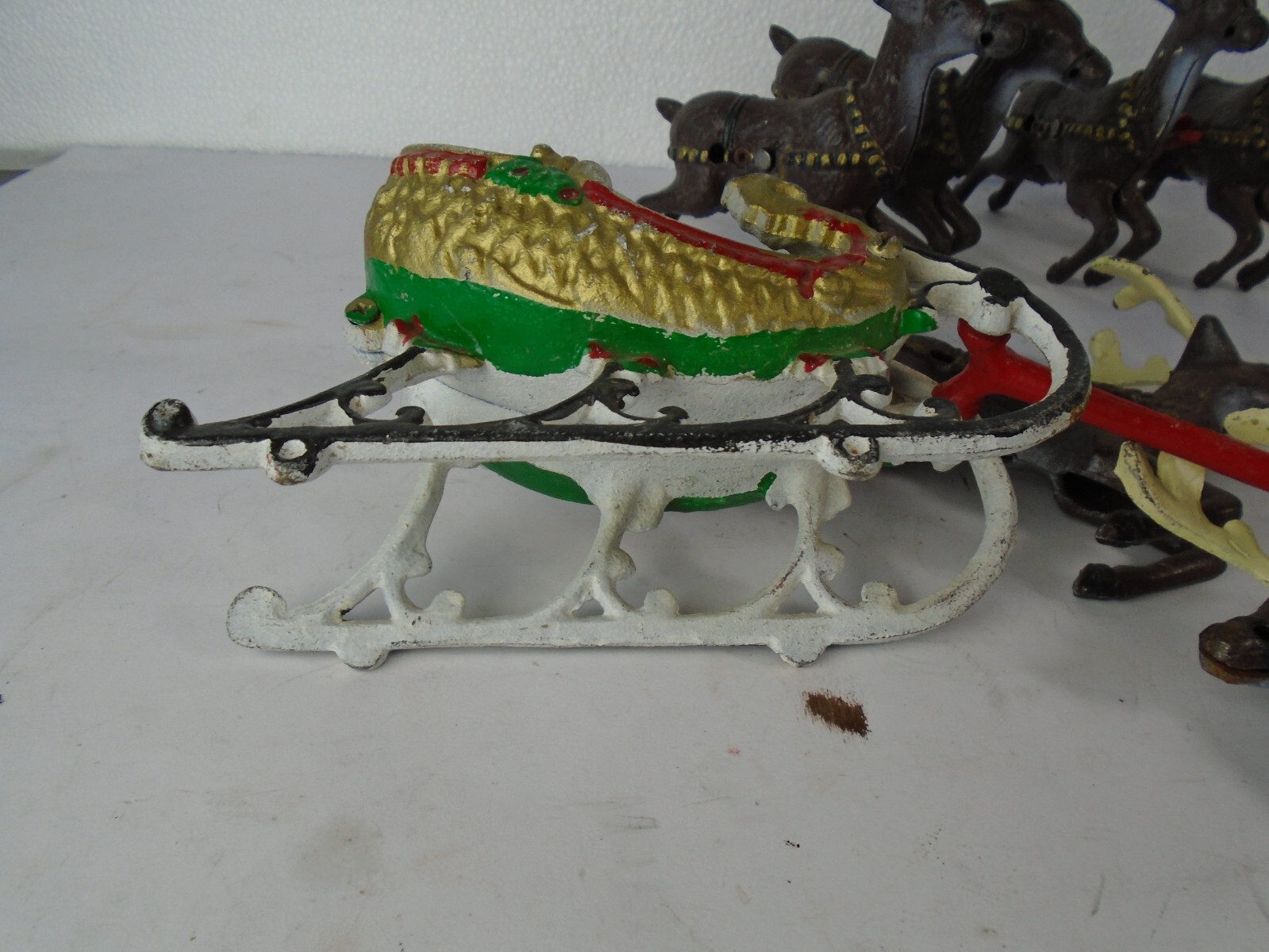 Vintage 6 Reindeer Santa Claus Sleigh cast iron Hubley Style Antique