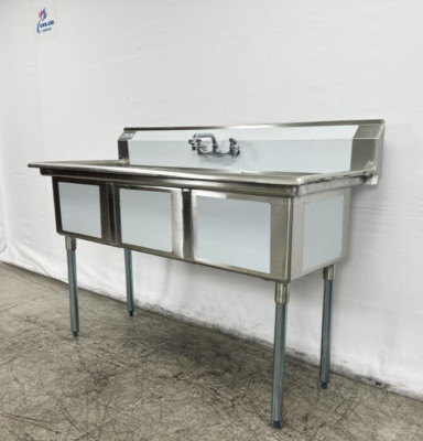 NEW 60'' Stainless Steel Sink 3 Compartment Commercial w/ Faucet Kitchen Bar NSF
