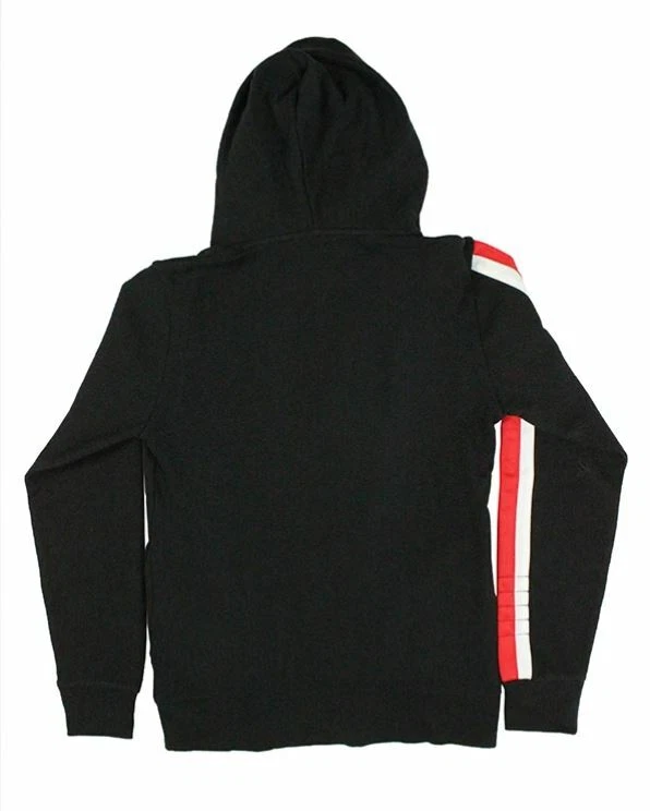 Black hoodie with top red stripes on sleeves