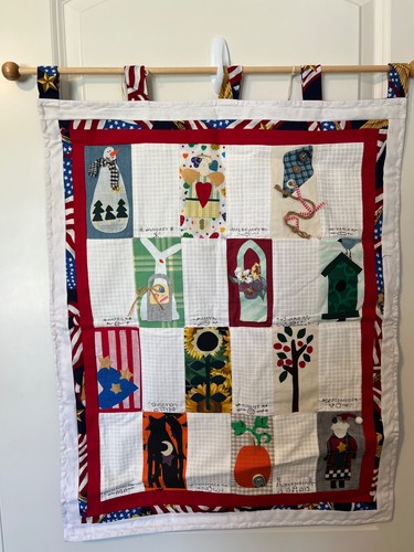 HANDMADE USA 12-month APPLIQUE QUILT WALL HANGER DECOR BLOCK RED BACK 21 X 28