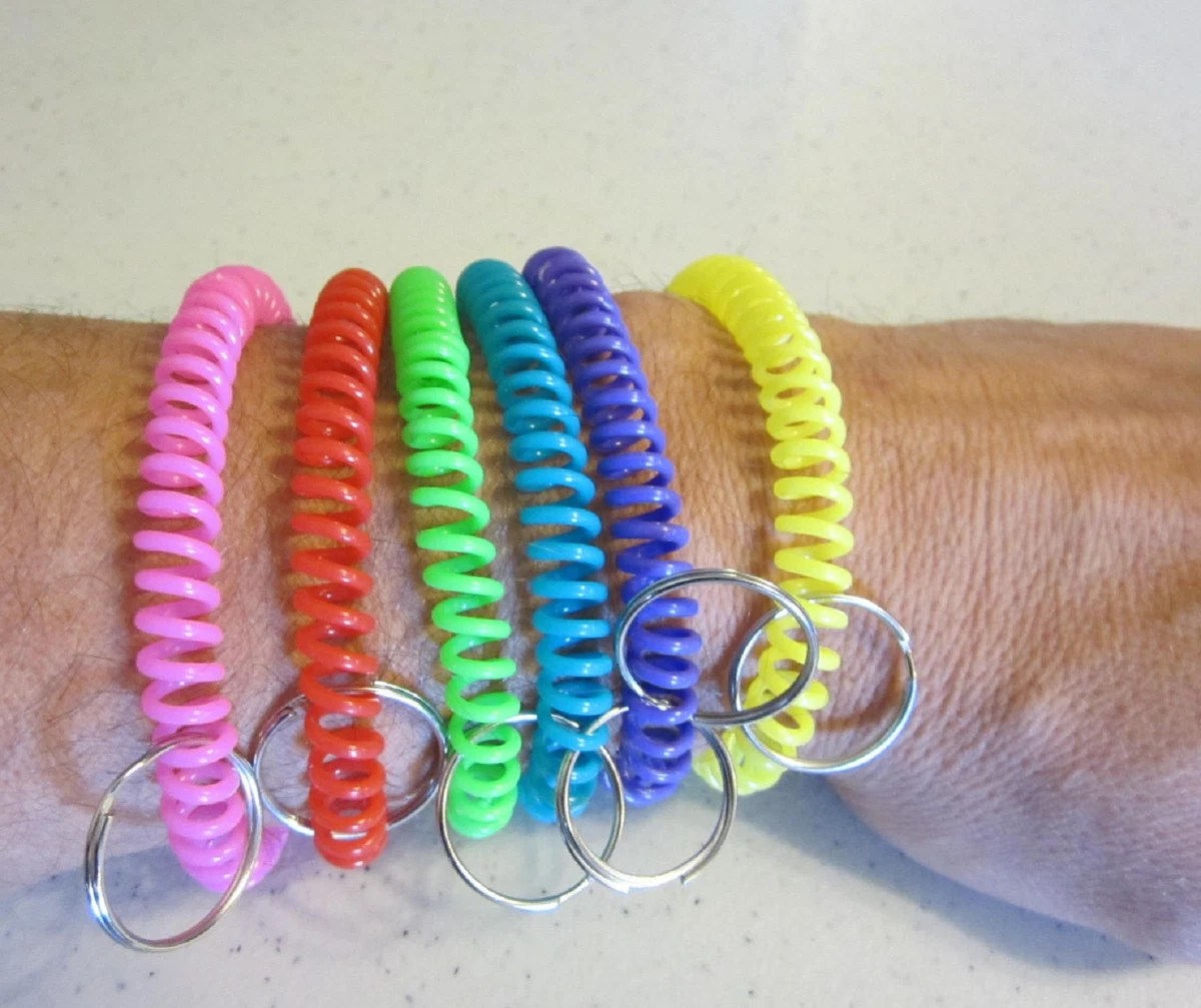 6 SPIRAL WRIST COIL KEYCHAINS STRETCHABLE KEY RING WRIST BAND KEY CHAIN