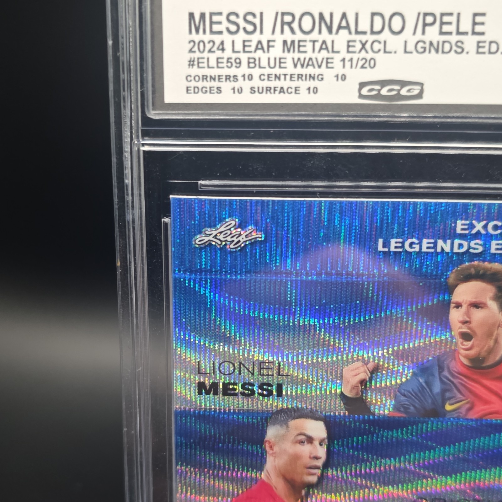 Leaf Metal Exclusive Legends Messi Ronaldo Pele ELE-59 Blue Wave 11/20 CGC 10 view 4