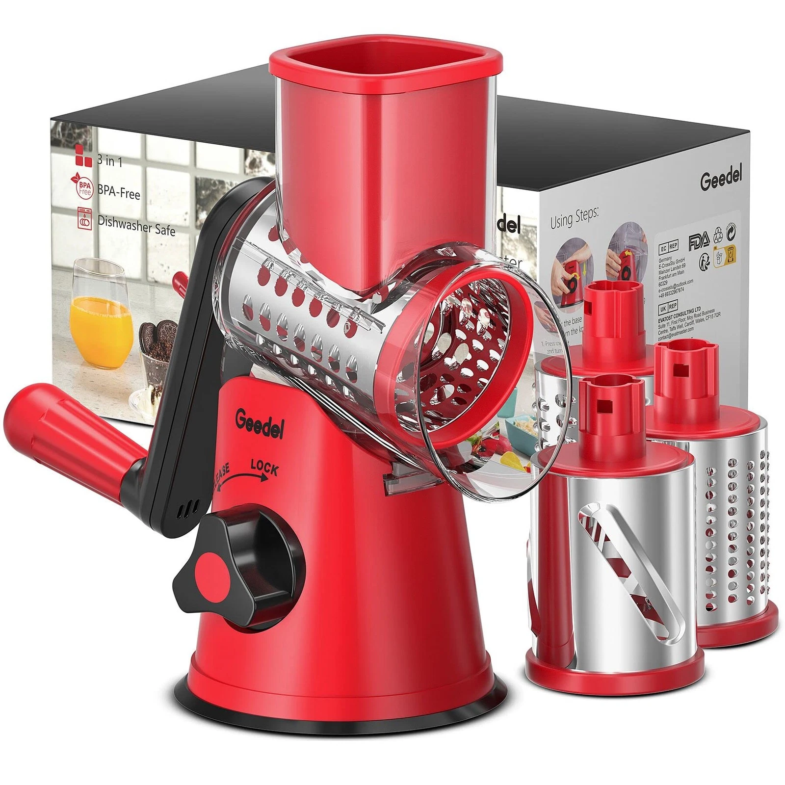 Rotary Cheese Grater, Kitchen Mandoline Vegetable Slicer with 3 Interchangeab...