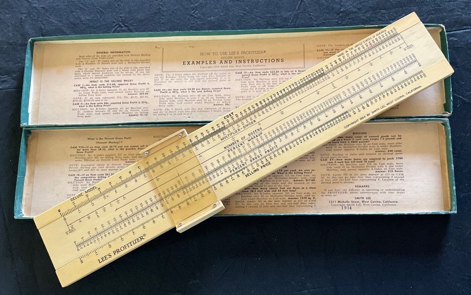 A 1954 business slide rule called 'The Profitizer' — the name alone is hilarious, and it comes complete in original box with instructions, a ready-made conversation piece.