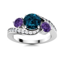 London Blue Topaz  Amethyst 5MM Round 925 Sterling Silver Three Stone Ring