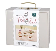 Members Mark Porcelain Tea Set 15 Piece Pretend Play with Carrying Case, White