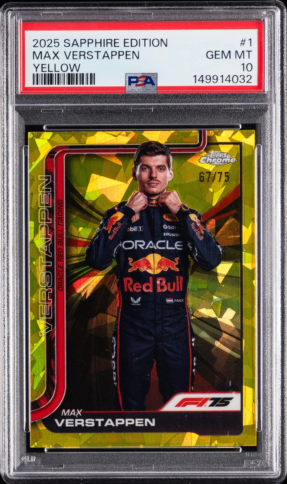 2025 TOPPS CHROME FORMULA 1 SAPPHIRE EDITION YELLOW MAX VERSTAPPEN 67/75 PSA 10