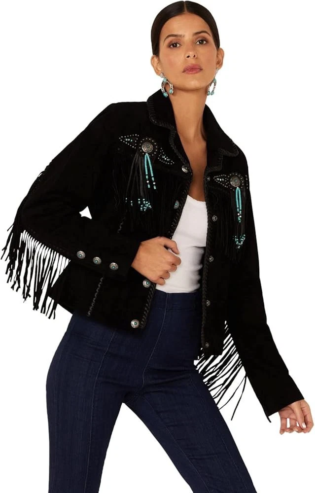 Women Native American Cowgirl Leather Jacket Fringe & Beads Western Suede Jacket