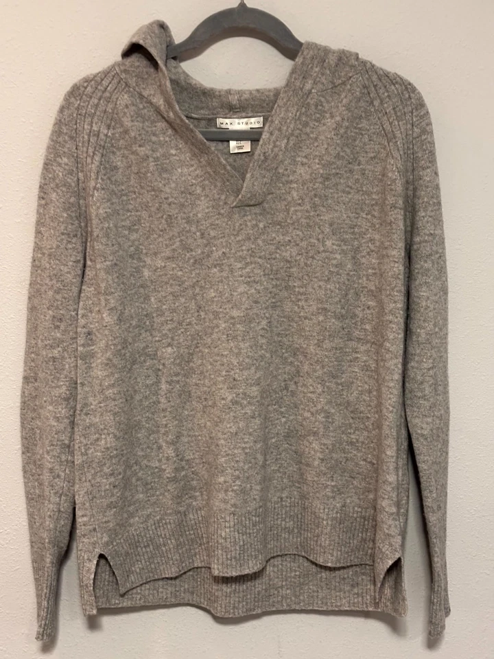 Женская толстовка с капюшоном Max Studio большая серая кашемировая ребристая отделка реглан рукав боковой разрез - Изображение 2 из 4
