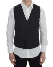 Dolce&Gabbana Men Black Dress Vest Wool Stretch Striped Formal Waistcoat IT 50 L