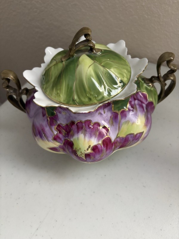 Nouveau Hand Painted Porcelain Floral Lidded Sugar Bowl