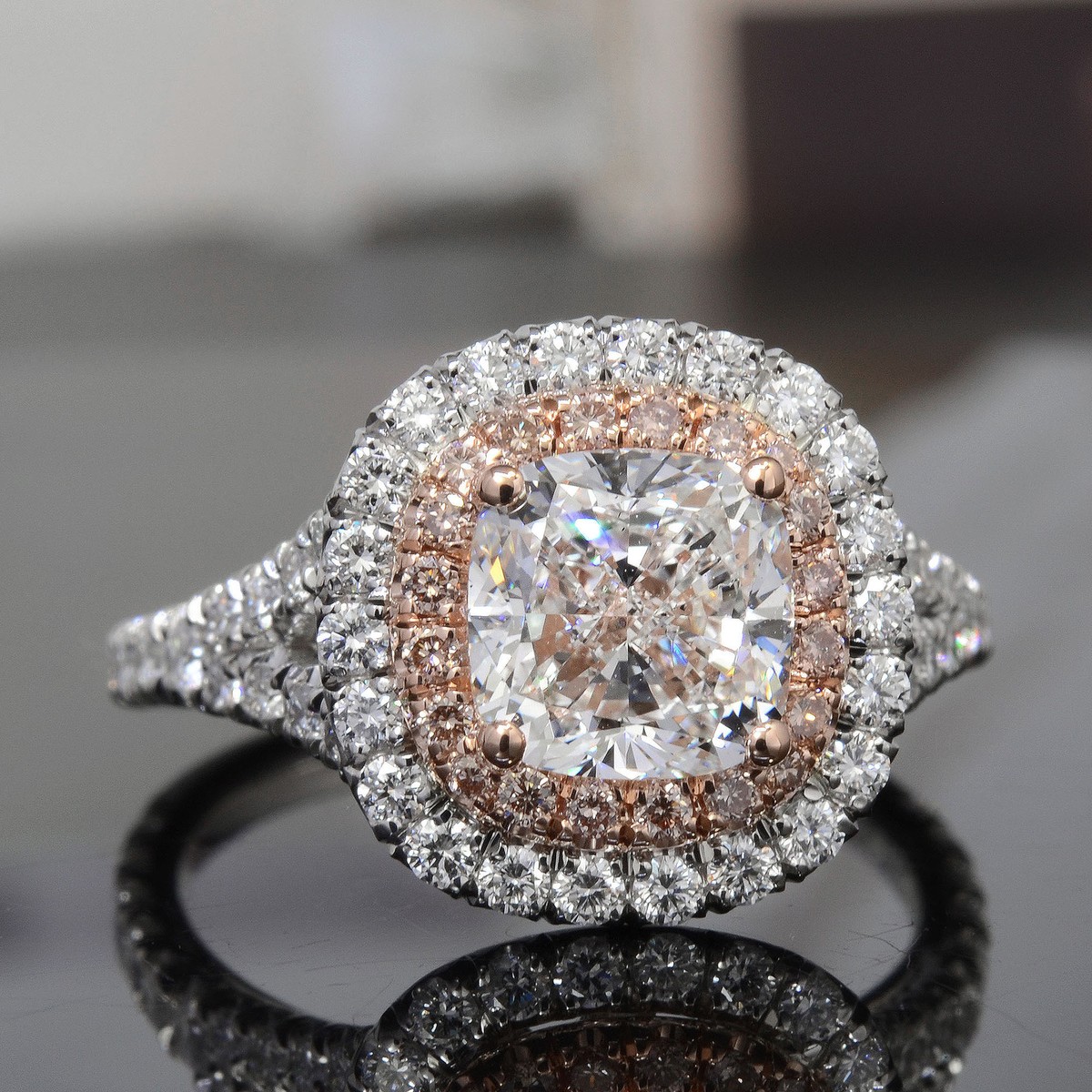 Ct Twin Halo Natural Cushion Cut Pink Diamond Engagement