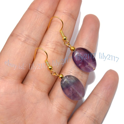 Natual Multicolor Fluorite Flat Oval Gems Beads Dangle Gold Hook Earring 13x18mm - Picture 5 of 6