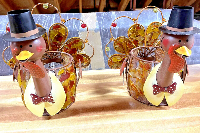 Set of 2 Thanksgiving Turkey Mosaic and Wire Votive Candle Tea Light Holders