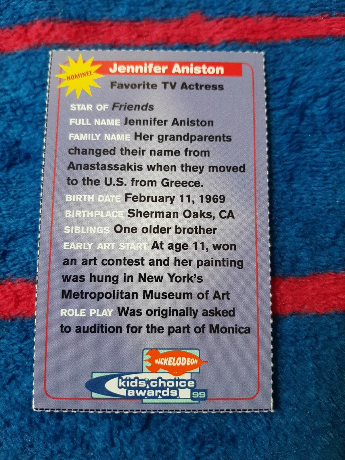 Jennifer Aniston 1999 NICKELODEON Magazine Kids Choice Awards card - Picture 2 of 2
