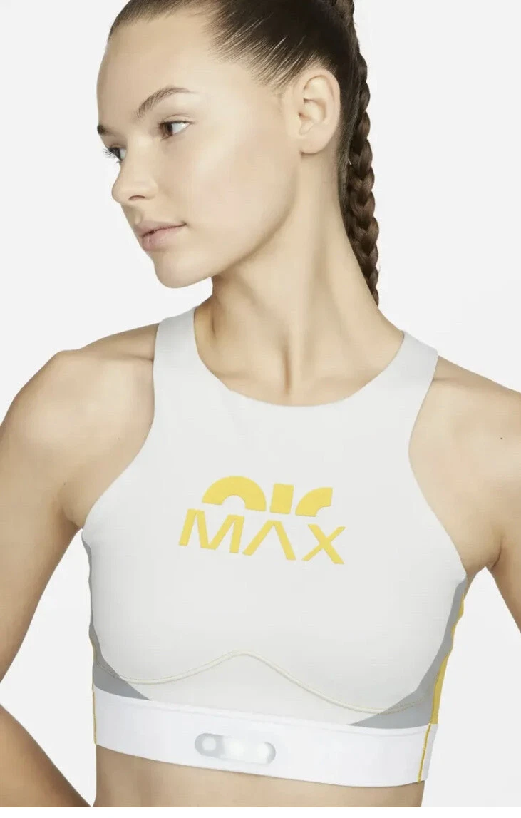 NIKE Swoosh Air Max Medium Impact High Neck Grey Yellow Sports Bra Large