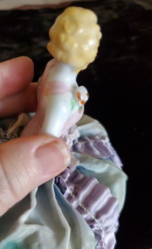 Antique Victorian 1/2 Doll Pin Cushion Porcelain Lady In Original Hoop Skirt - Picture 7 of 12