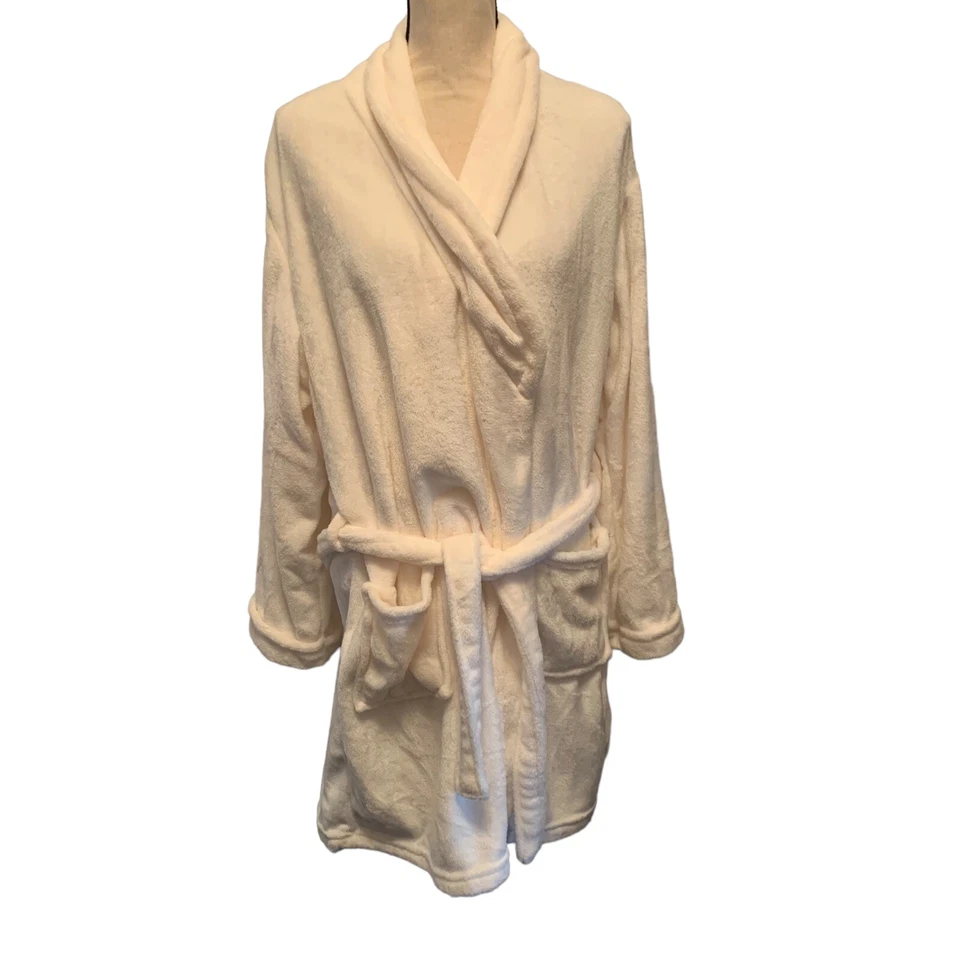 Bata Tahari para mujer S/M marfil longitud media suave polar bolsillos con cinturón manga larga Foto 2 de 4