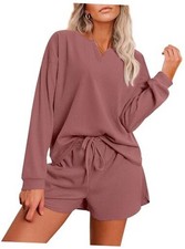 Pajama Set for Women Waffle Knit Lounge Sets Long Sleeve Top Large Rose Red